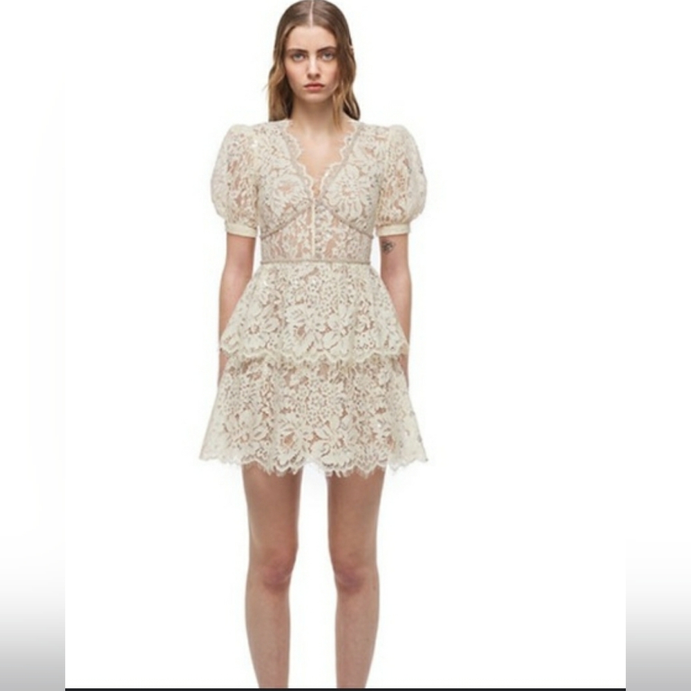 Self-Portrait cream embellished cord lace mini dress